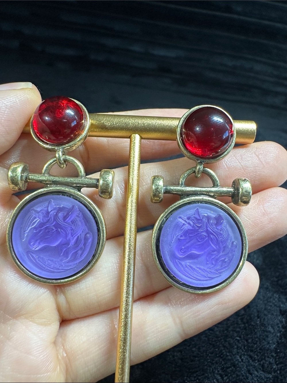 Kirks Folly Purple Cameo and Red Cabochon Drop Earrings
